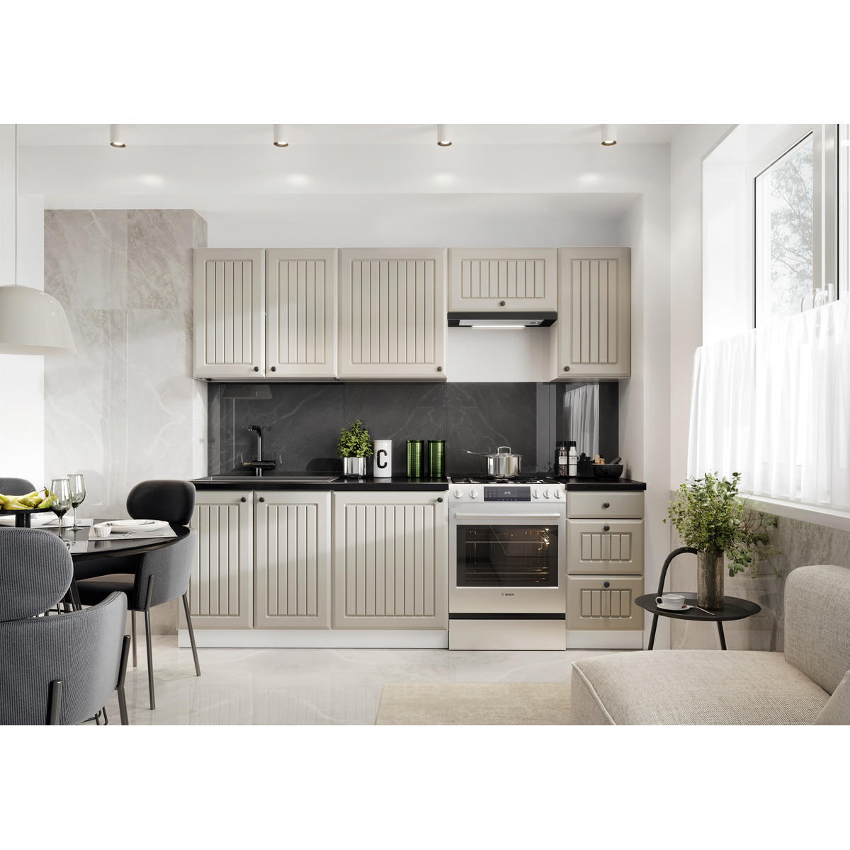 KÜCHENZEILE 240 cm - IRMA KS4-G240 - in Kaschmir Moderne Küchenmöbel - Kaschmir/Schwarz, Holz/Holzwerkstoff (240/213.3/52.4cm) - Royal24_Markt