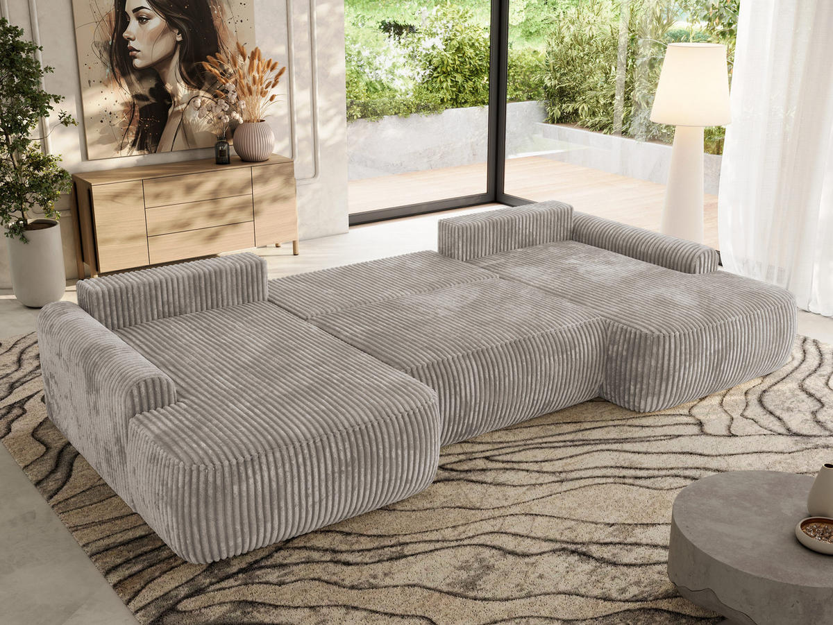 WOHNLANDSCHAFT CUBO U Hellbraun Cord - Hellbraun/Schwarz, Kunststoff/Textil (370/100/187cm) - MKS