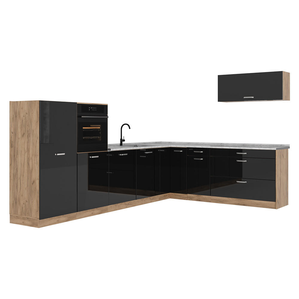Vicco Eckküche Schwarz Hochglanz, Eiche 327x143x60 cm