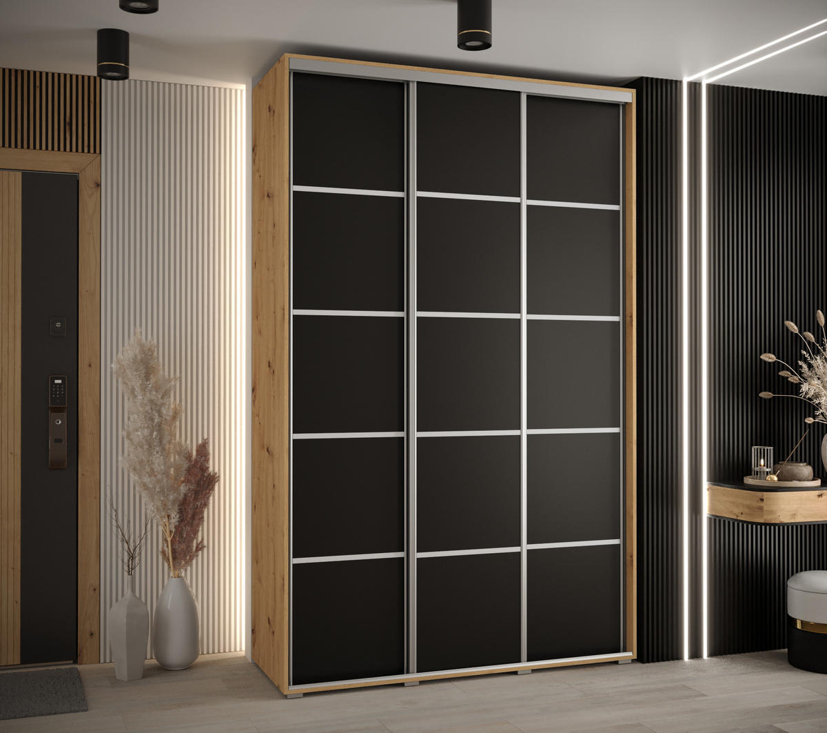 SCHWEBETÜRENSCHRANK 235,2/150/45 3-türig - Silberfarben/Schwarz, Holz/Metall (150/235/45cm) - Abiks Möbel