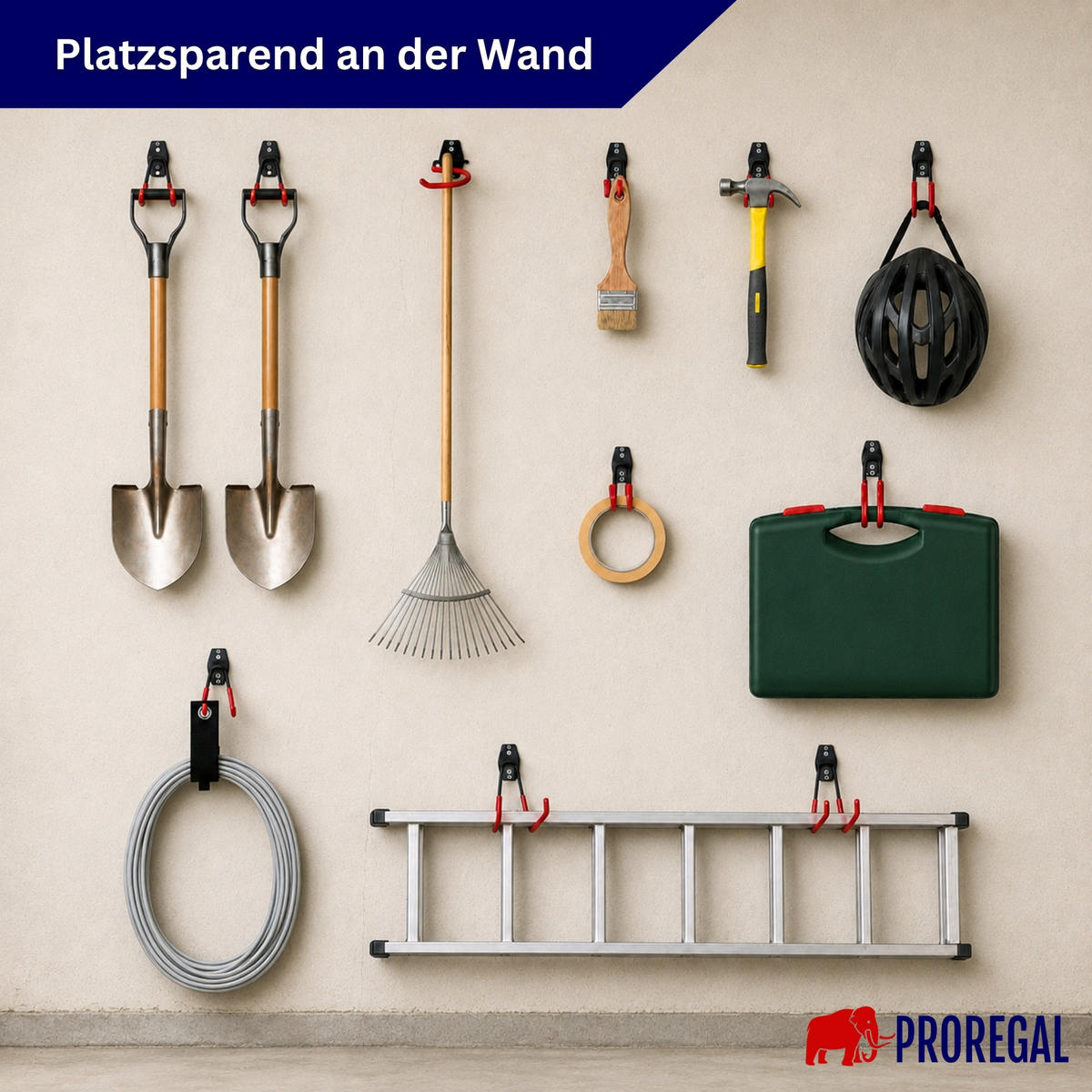 WANDHAKEN für Garage GRIT 18-teiliges Set Rot Gerätehaken Platzsparende Aufbewahrung - Rot, Metall (19/2.5/16cm) - PROREGAL