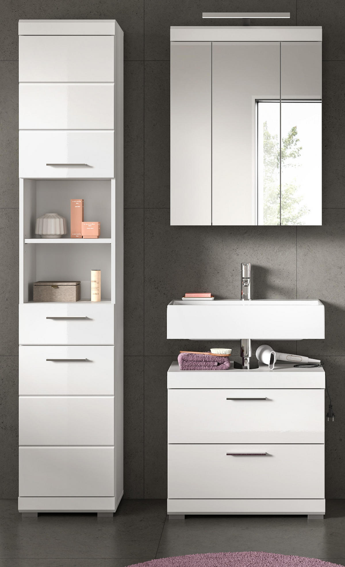 BADMÖBEL-SET weiß Hochglanz 3-teilig 112 cm, Komplettset mit viel Stauraum - Weiß Hochglanz, Glas/Holzwerkstoff (112/191/37cm) - Inn.Furn