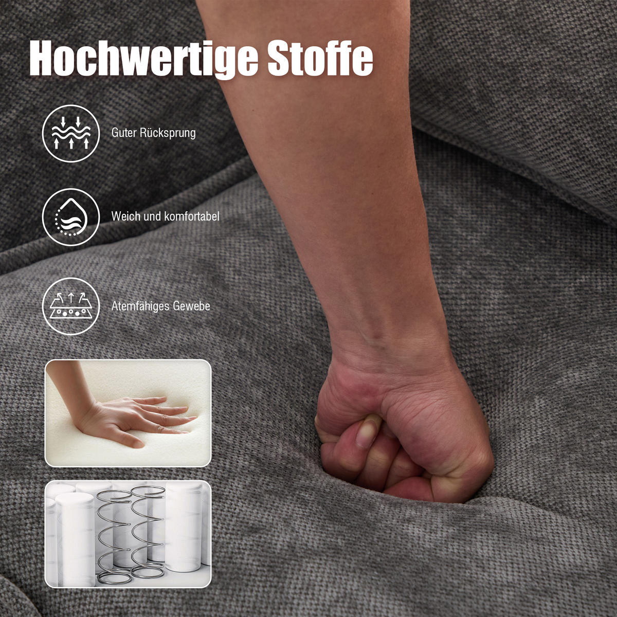 2-SITZER Sofa Chenille mit Handyhalter und Ablagefächern 127/69/66 cm Grau - Grau, Textil (66/127/69cm) - Redom