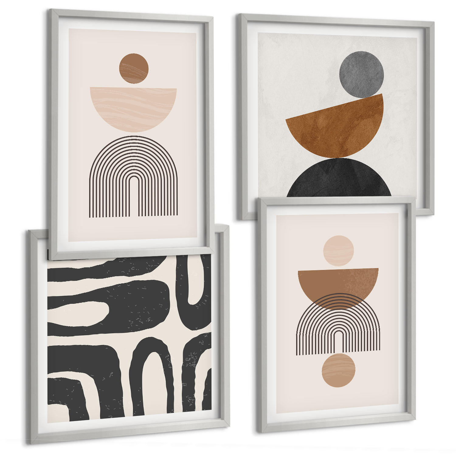 BILDER SET 4er Set - 50x50 cm & 40x60 cm Silberner Rahmen - Abstraktes Boho-Design - Silberfarben, Kunststoff (50/50cm) - TULUP