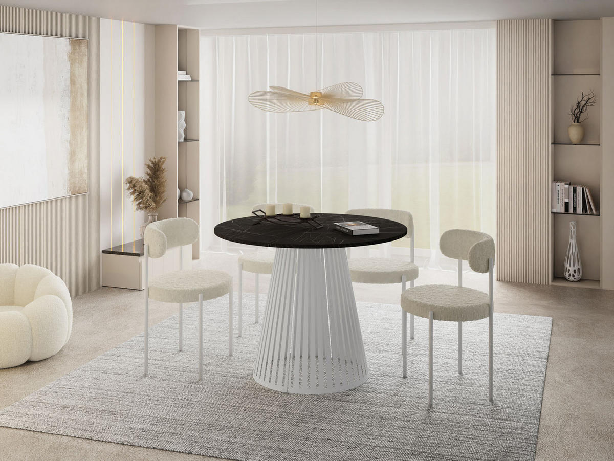 ESSTISCH Naro rund ausziehbar mit Weißem Lamellen-Metallgestell, Marmor Schwarz 100-180/100/76 cm - Anthrazit/Weiß, Holzwerkstoff/Metall (100/100/76cm) - WFL GROUP
