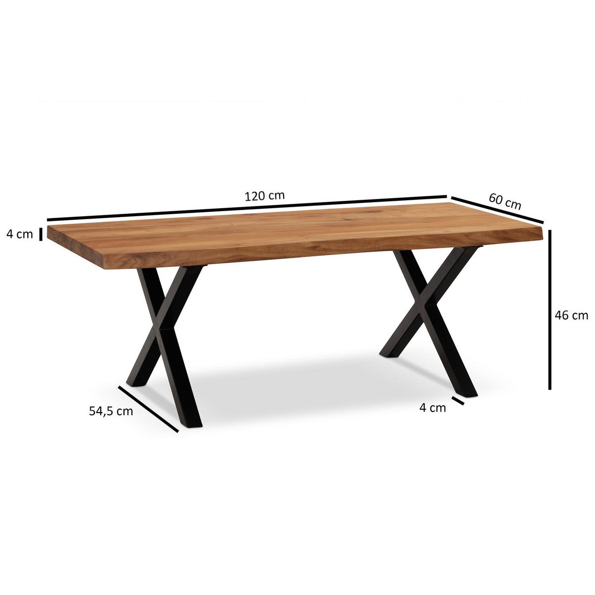 COUCHTISCH Braun Massivholz Akazie Baumkante 120x60x46cm, Metallbeine X-Form - Schwarz/Akaziefarben, Holz/Metall (60/120/46cm) - KADIMA DESIGN