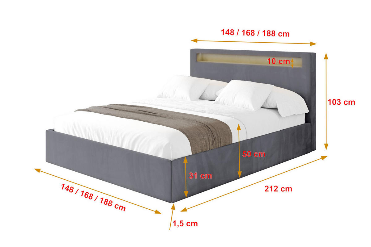 POLSTERBETT mit Bettkasten und Lattenrost, Boxbett ohne Matratze - GOLA 180x200 Dunkelgrau - Dunkelgrau, Holzwerkstoff/Textil (180/200cm) - ALTDECOR