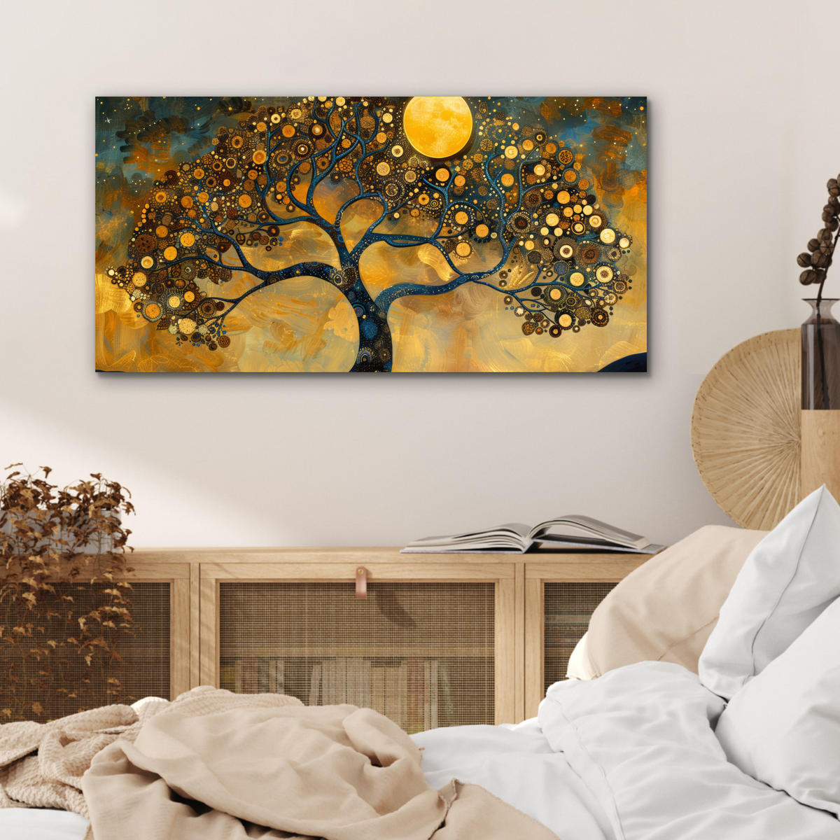 METALLBILD Baum - Mond - Blumen - Gold - Kunst 80x40 cm - Orange, Metall (80/40cm) - MuchoWow