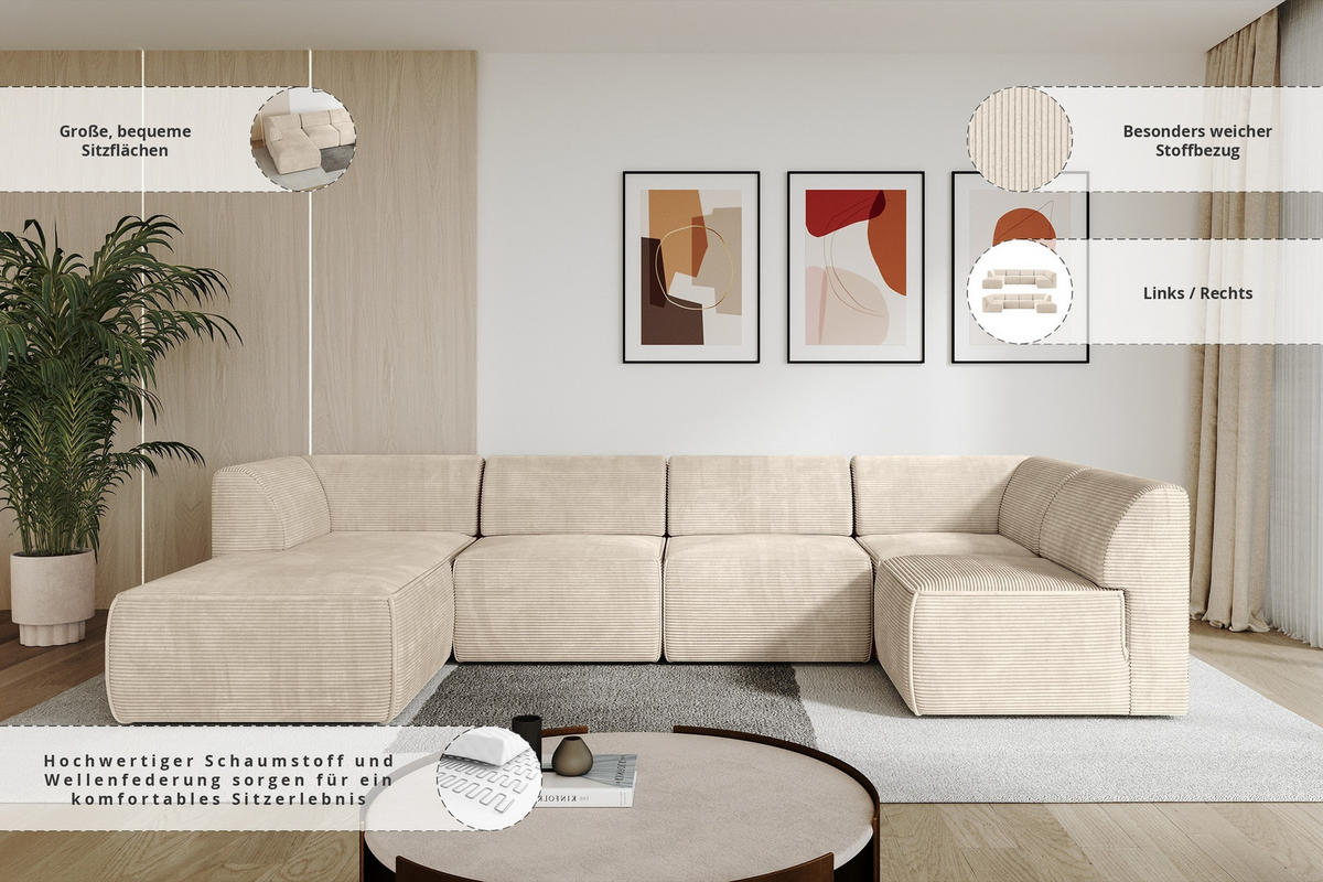 WOHNLANDSCHAFT Ottomane Links MOVA 345x180x78 Beige Cord - Kaschmir/Beige, Holzwerkstoff/Kunststoff (180/78/345cm) - ALTDECOR
