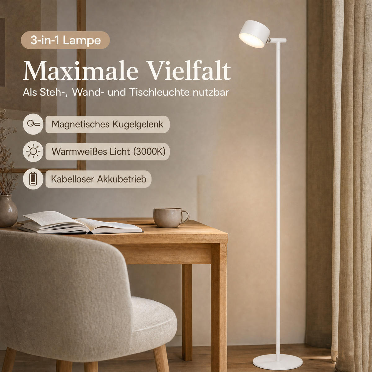 LED-AKKU-STEHLEUCHTE 3 in 1 Weiß Höhe bis zu 120 cm Metall - Weiß, Metall (16/16/120cm) - Northpoint