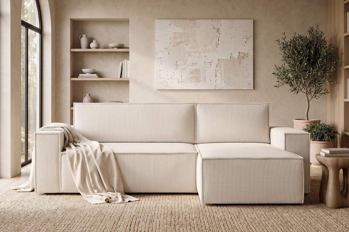 ECKSOFA-LINKS/RECHTS NAPI Schlaffunktion mit Cordbezug, beige - Ecru/Schwarz, Textil (262/148cm) - KONSIMO®