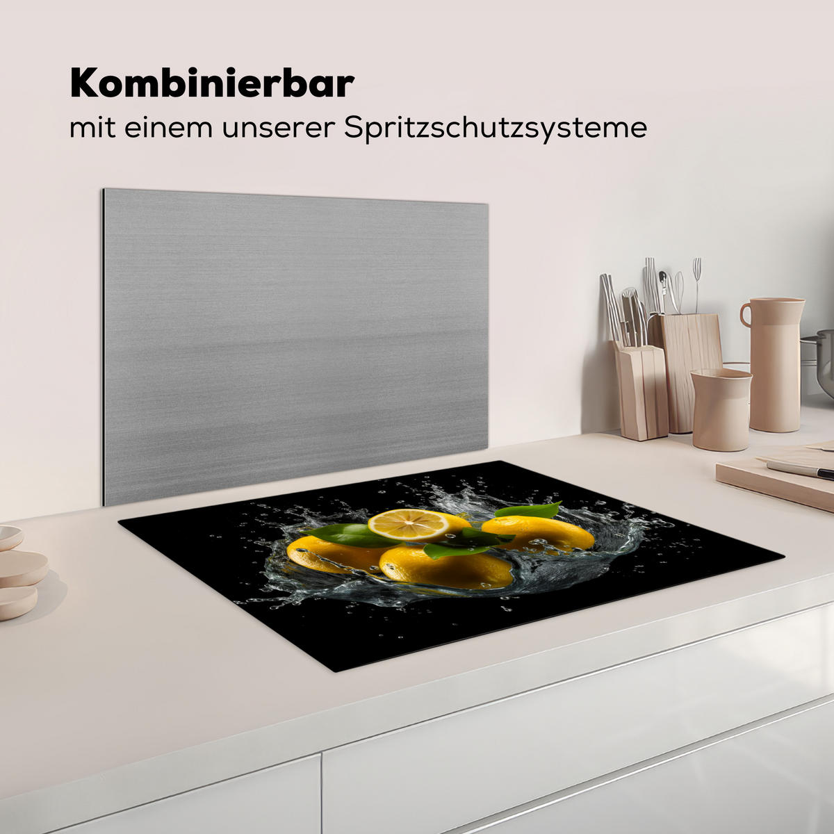 HERDABDECKPLATTE Zitrone - Obst - Gelb - Schwarz Herdabdeckung Induktionsfeld 70x52 cm - Gelb, Kunststoff (70/52/0.2cm) - MuchoWow