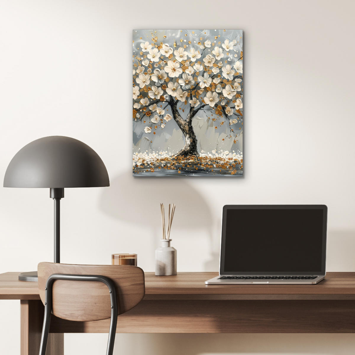 KOVOVÝ OBRAZ Strom - Kvety - Biela - Príroda - Umenie 30x40 cm - biela, kov (30/40cm) - MuchoWow