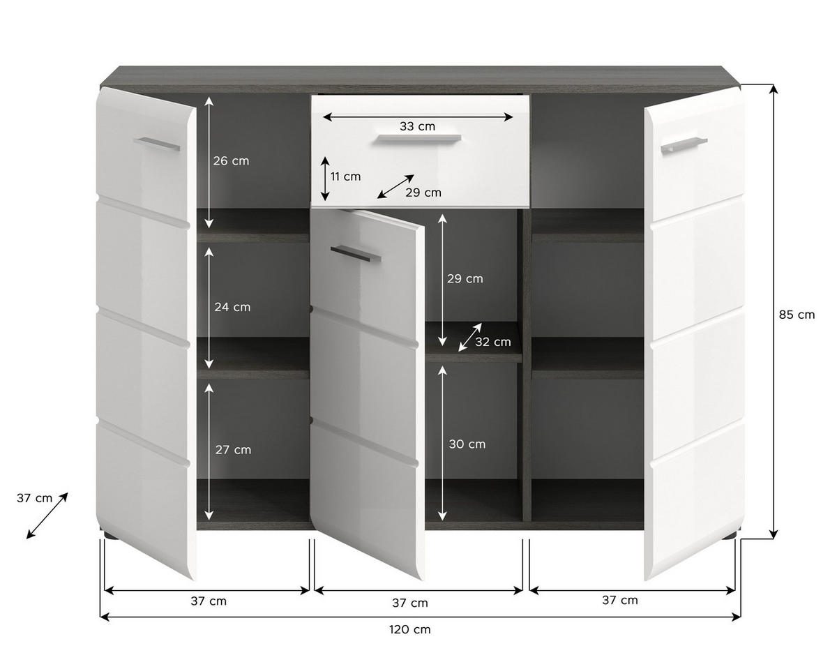 KOMMODE SALSA (B/H/T: ca. 120/85/37 cm) in Rauchsilber Nachbildung/weiß hochglanz - Silberfarben, Holzwerkstoff (120/85/37cm)