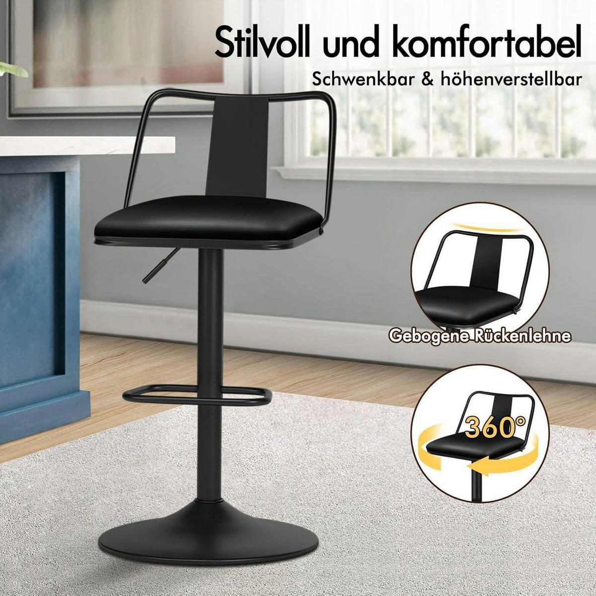 BARHOCKER 2-teiliges Set höhenverstellbar mit Rückenlehne Schwarz - Schwarz, Kunststoff (43/102/43cm)