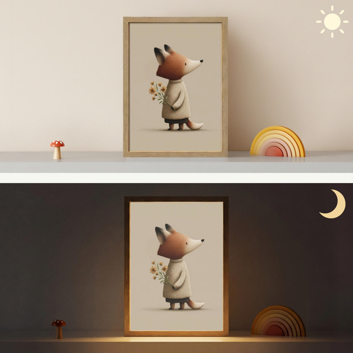 NÁSTĚNNÁ LAMPA S AKUMULÁTOREM Liška - Žluté květy - Minimalistický 30x40 cm - šedohnědá, kompozitní dřevo (30/40/8cm) - OnlyWow