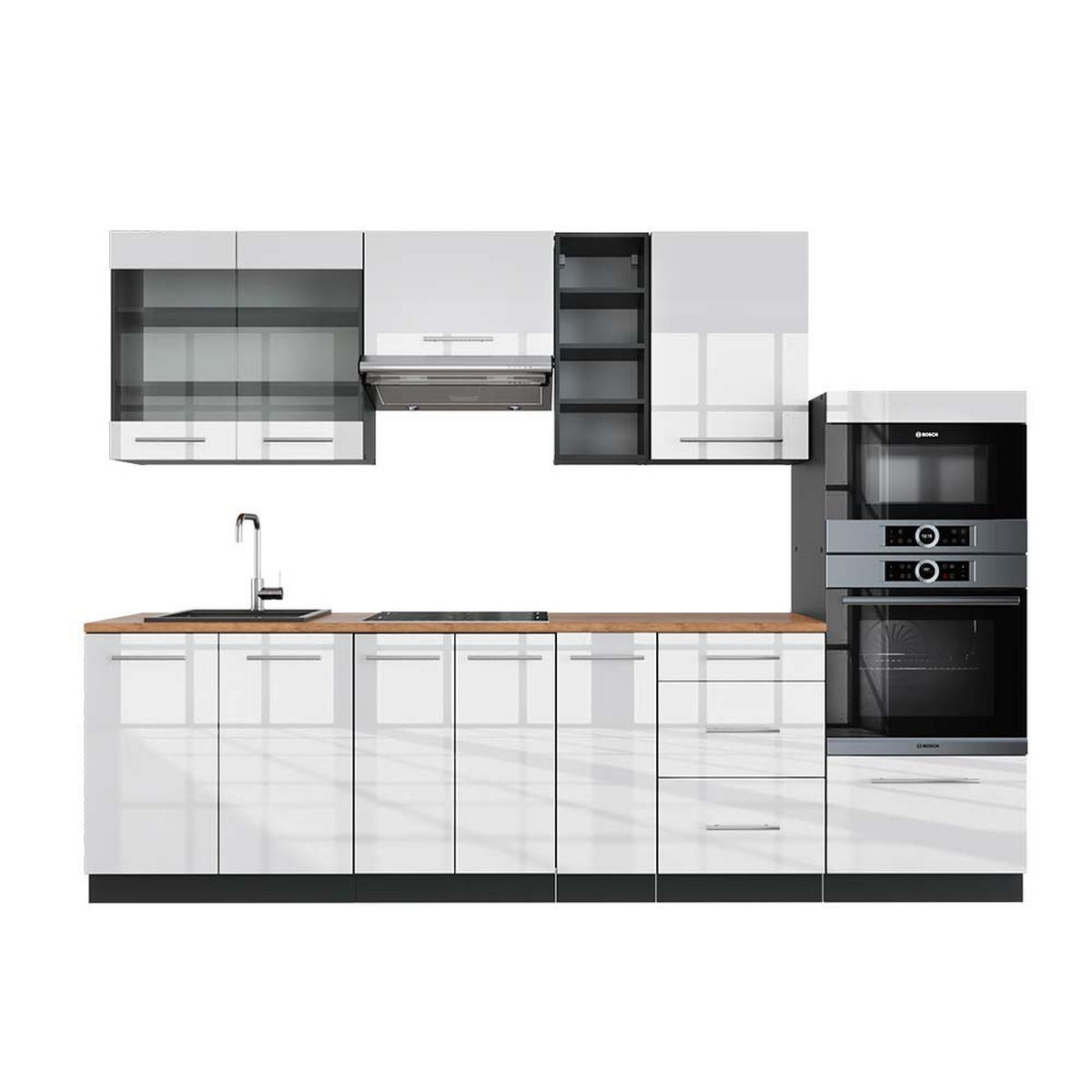 KÜCHENZEILE Fame-Line Weiß Hochglanz/Anthrazit 280 cm, AP Eiche - Weiß Hochglanz/Anthrazit, Holzwerkstoff (280/81.6/60cm) - Vicco