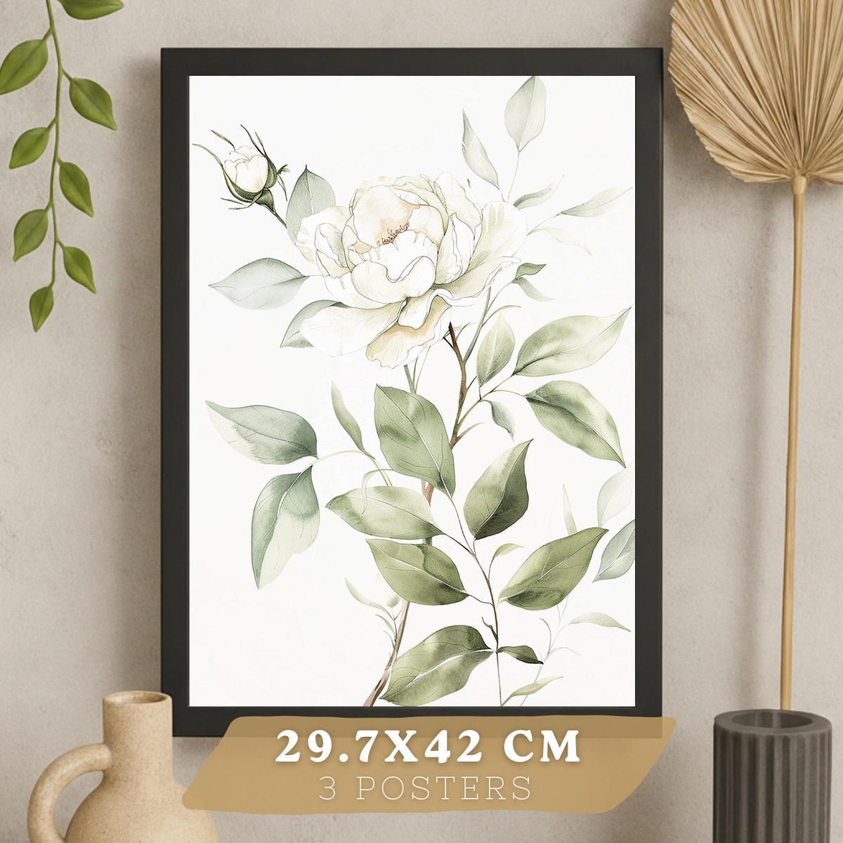 PLAKAT Sada 3 botanických tisků Zelenobílé květy. Akvarelové plakáty rostlin v jemných zelených tónech Obrázky. Černý rám velikosti A3 - černá, papír (29.7/42/3cm) - Nacnic