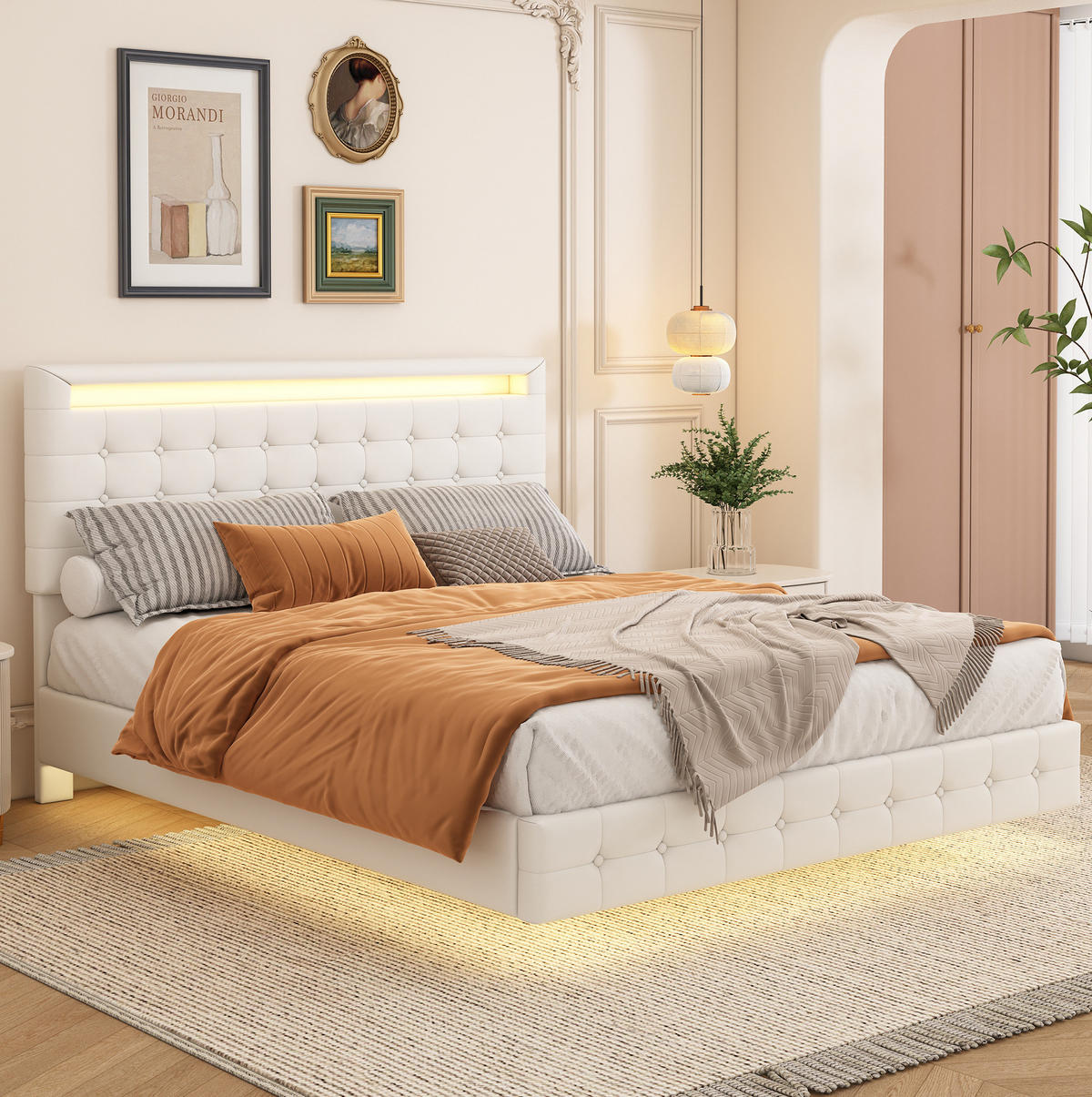 POLSTERBETT aus PU und MDF 140x200 cm Weiß mit LED-Beleuchtung, 3-fach verstellbarem Kopfteil und schwebender Optik - Weiß, Leder (140/200cm) - Modfu