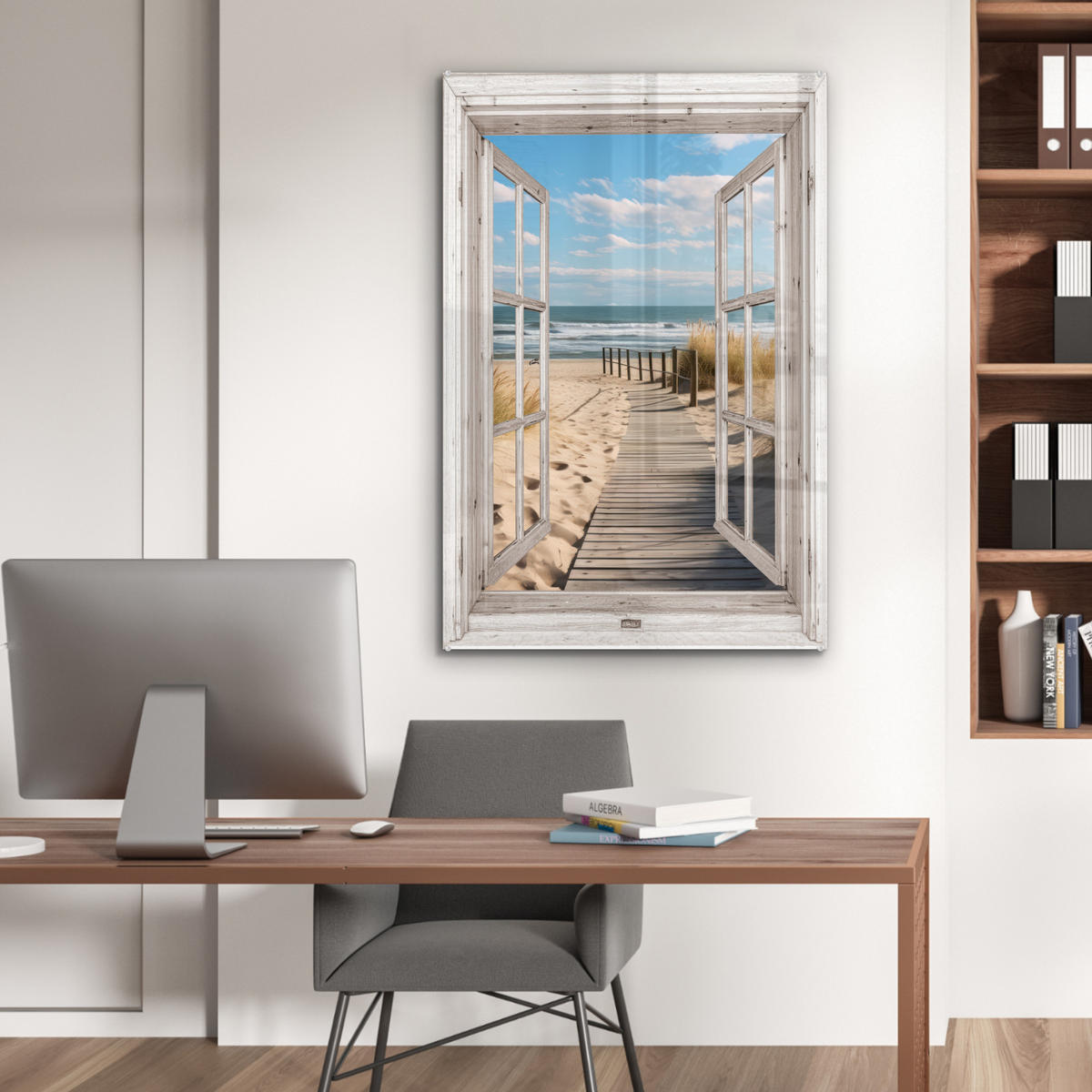 ACRYLGLASBILD Fenster - Meer - Küste - Natur - Ausblick - Strand - Wattenmeer 60x90 cm - Beige, Glas (60/90cm) - MuchoWow