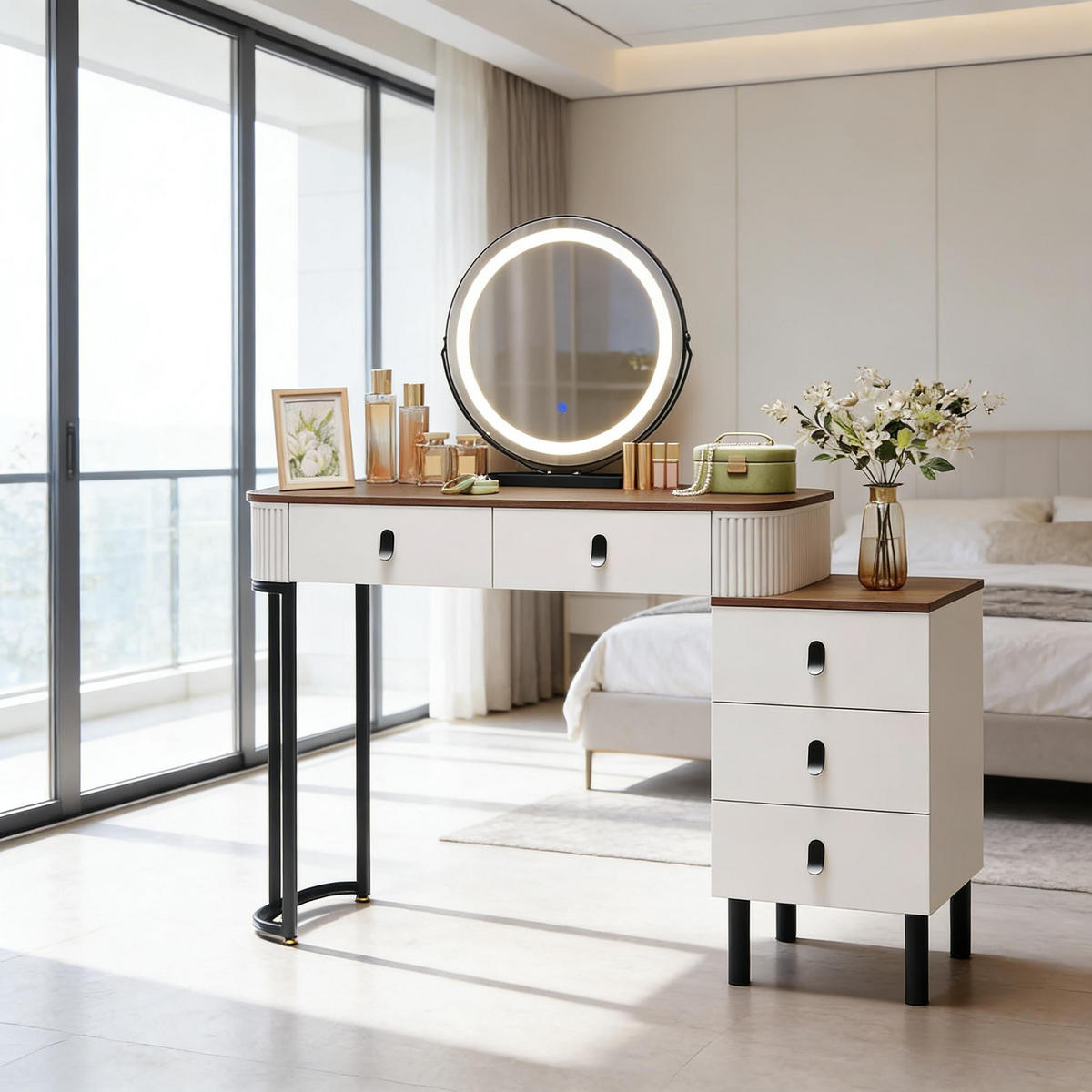 SCHMINKTISCH mit verstellbarem runden LED-Spiegel und 5 Schubladen - Braun, Glas (100/125/40cm) - Vallsero
