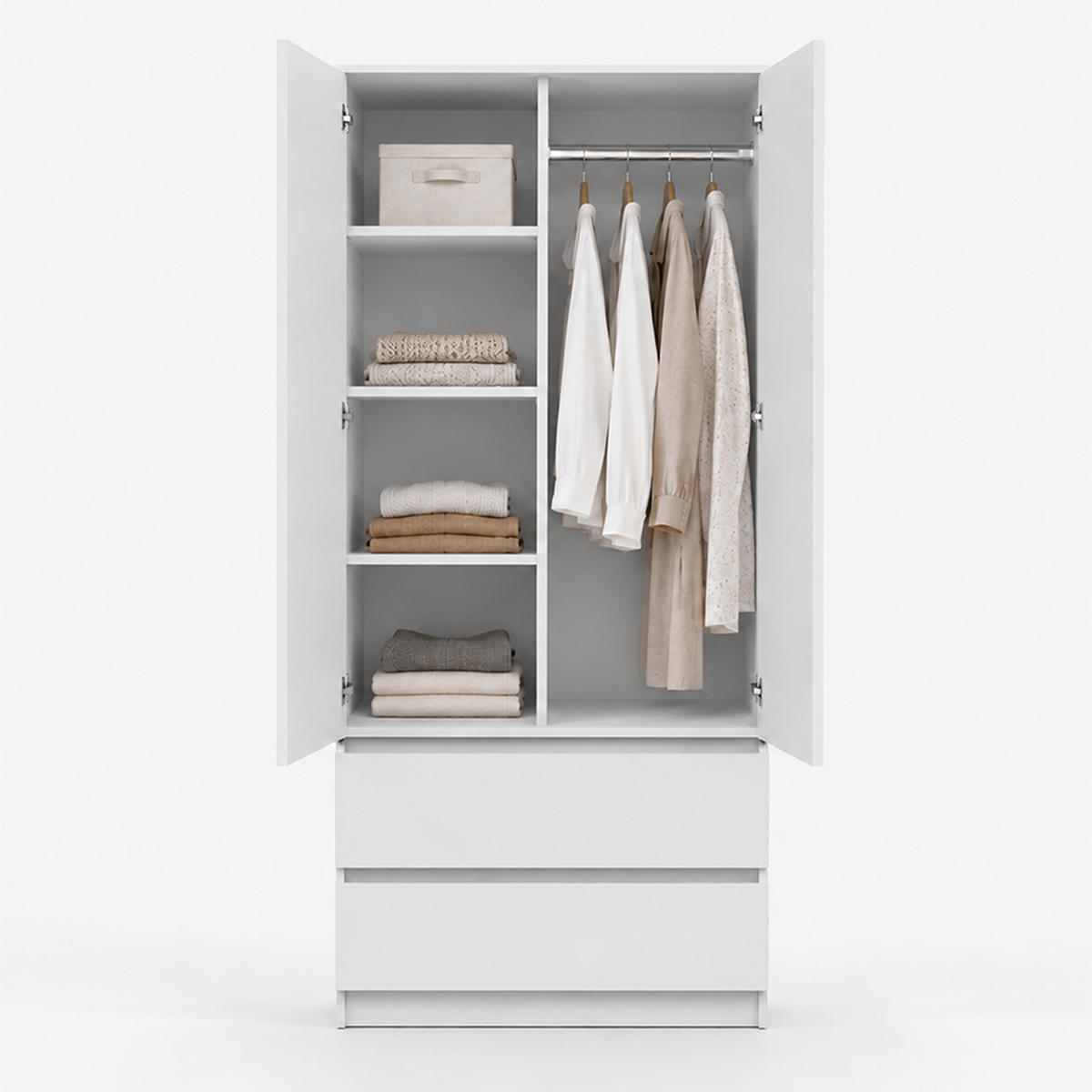 DREHTÜRENSCHRANK SOLO 2D2S, Schlafzimmer, Kleiderschrank Schrank 90 cm Weiß/Weiß, 2-türig, zwei Schubladen, grifflos - Weiß, Holzwerkstoff (90/180/50cm) - imoebel24