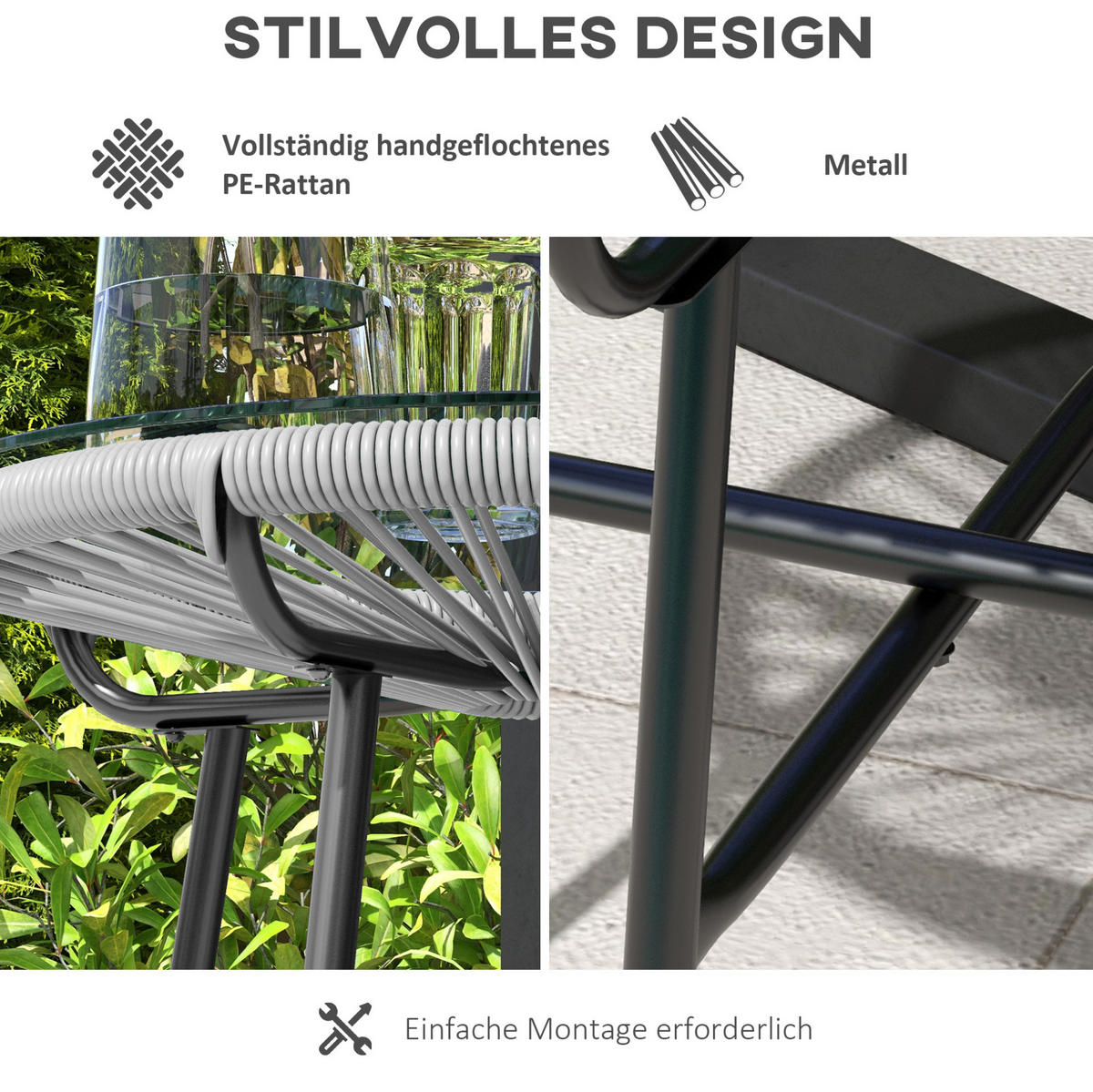 BEISTELLTISCH 50/50/50 cm grau aus Metall mit Glasplatte und PE-Rattan - Grau, Metall (50/50/50cm) - OKWISH