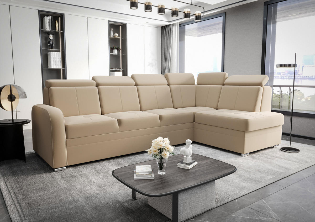 ECKSOFA KONGO RBN11, Eckcouch in L-Form mit Schlaffunktion, Farbe: Beige, Velourstoff, Ottomane Rechts - Beige, Textil (304/180cm) - O-Sofa