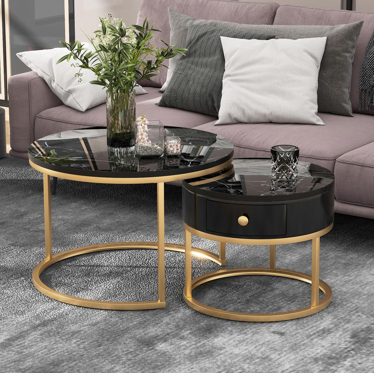 KLUBSKA miza, komplet 2 kosov, 70/70/48 in 50/50/43,5 cm, MDF črna z marmornim dekorjem - črna, leseni material (70/70/48cm) - BEAOK