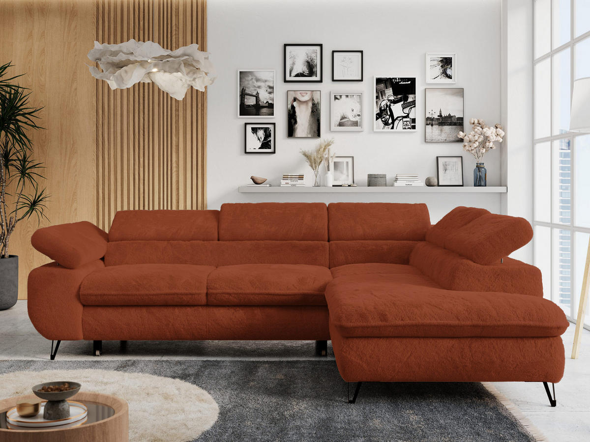 ECKSOFA PETER L Orange Plüsch - Rechts Seite - Schwarz/Orange, Textil/Metall (273/208cm) - MKS