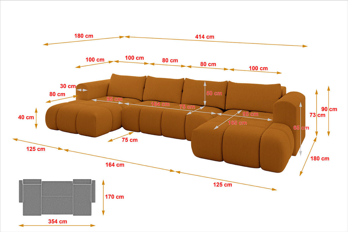 WOHNLANDSCHAFT Ottomane Links CLOUD-U 414x180x40 Senfgelb Cord - Currygelb, Holzwerkstoff/Kunststoff (414/90/180cm) - ALTDECOR