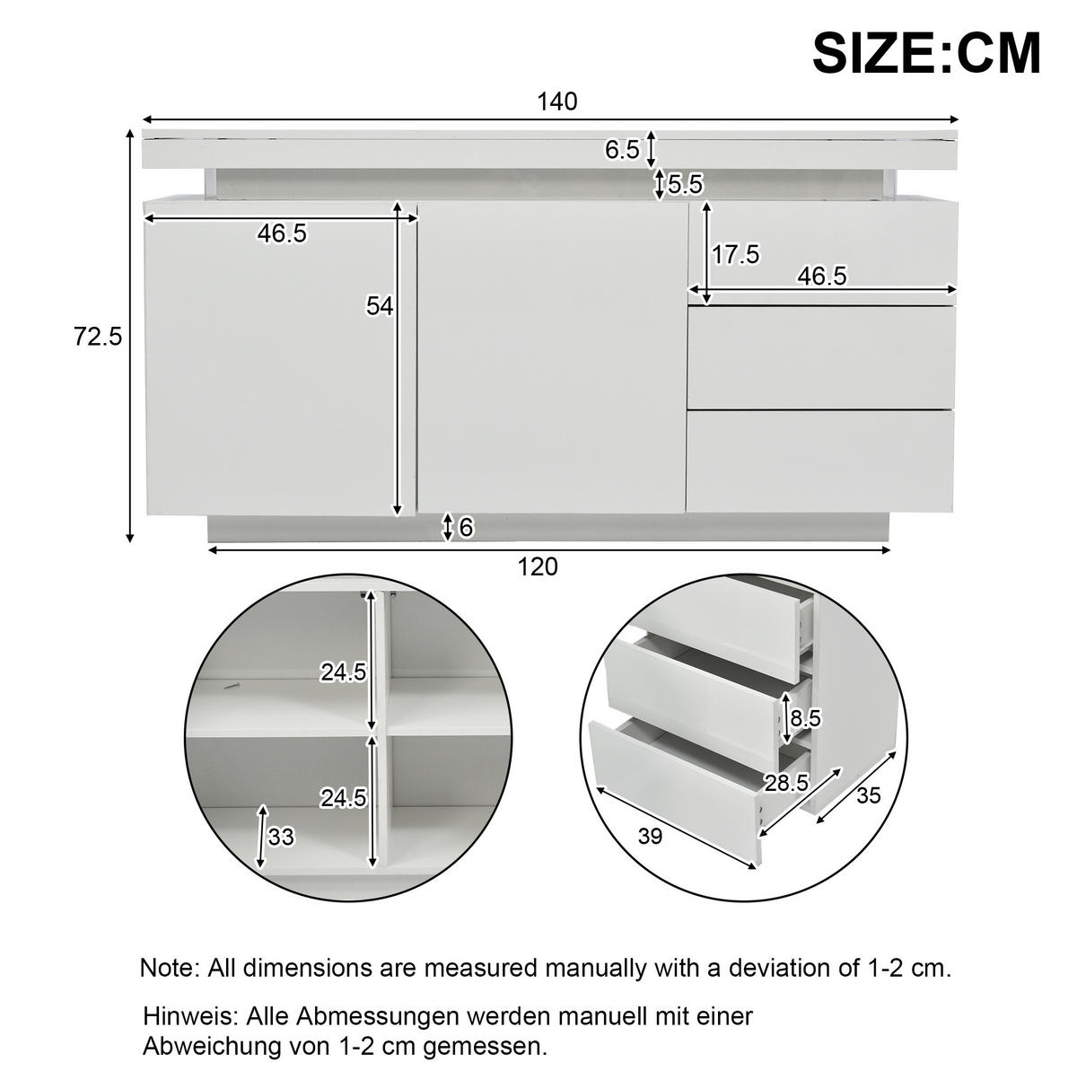 SIDEBOARD 140/35/72,5 cm aus Spanplatte mit LED-Beleuchtung und Hochglanzfront Weiß - Weiß, Holzwerkstoff (140/72.5/35cm) - Modenvie