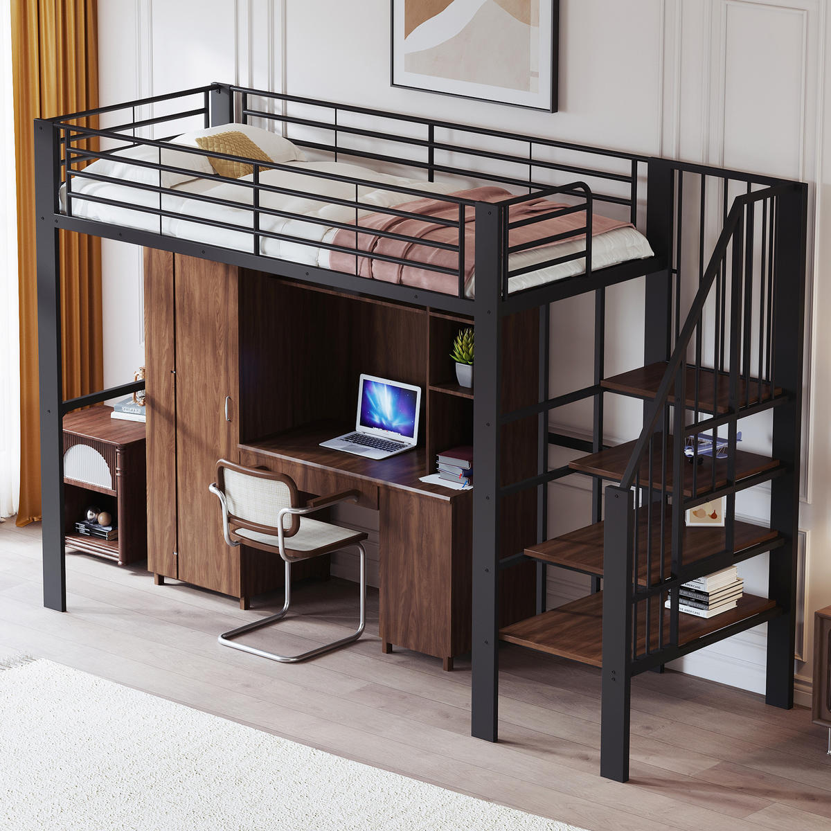 HOCHBETT 90/200 cm Schwarz mit Stauraum und Treppe aus Metall und Holz - Schwarz, Metall (90/200cm) - OKWISH