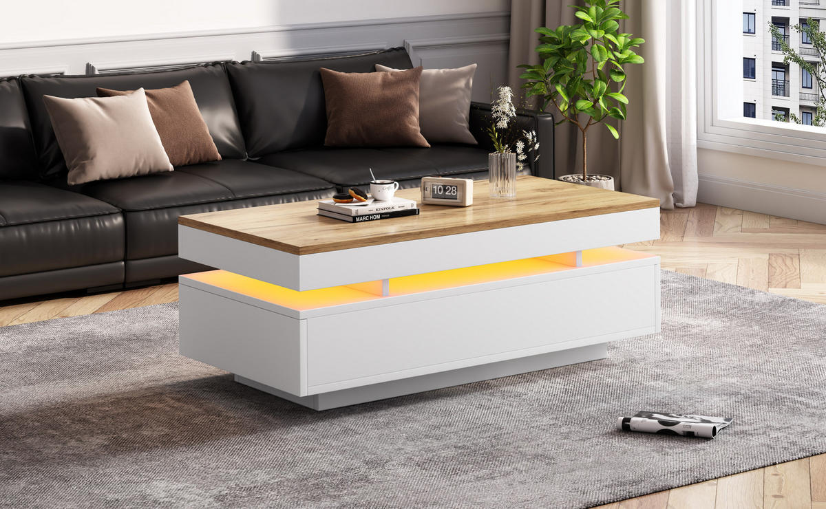 COUCHTISCH 100/50/35 cm Weiß + Holzton aus Spanplatte mit 2 Schubladen und LED-Beleuchtung - Weiß, Holzwerkstoff (100/50/35cm) - OKMYHOME