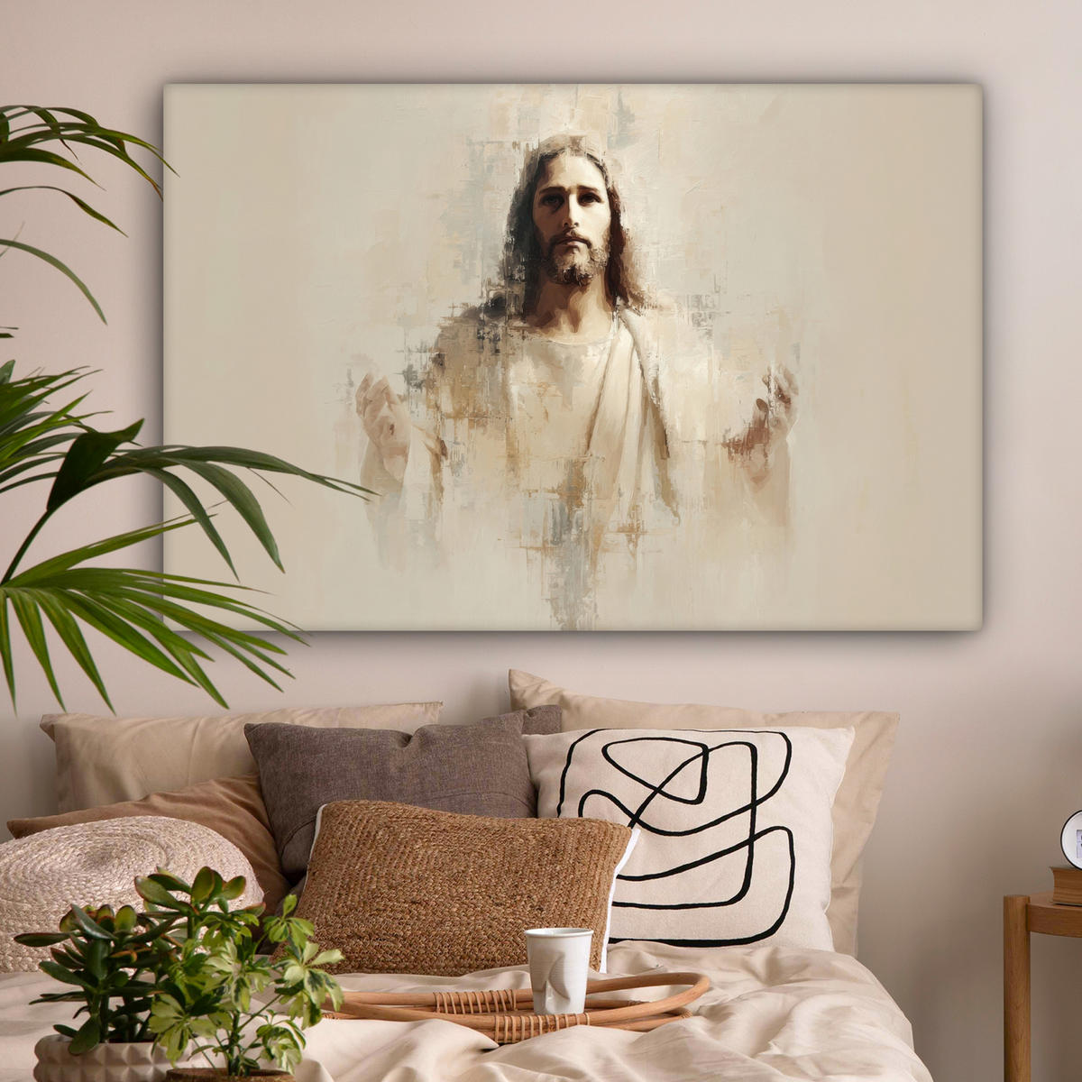 LEINWANDBILD Porträt - Abstrakt - Jesus - Beige Groß 140x90 cm - Beige, Textil (140/90cm) - MuchoWow