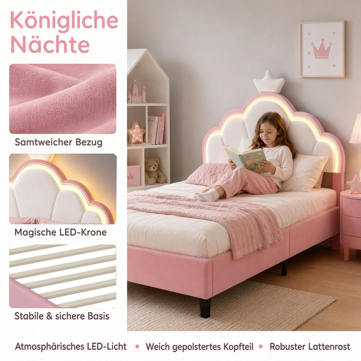 POLSTERBETT 90x200, Kinderbett mit Kopfteil und Lattenrost, LED, Samt, Rosa - Rosa, Holz/Textil (90/200cm) - GENKI LIVING