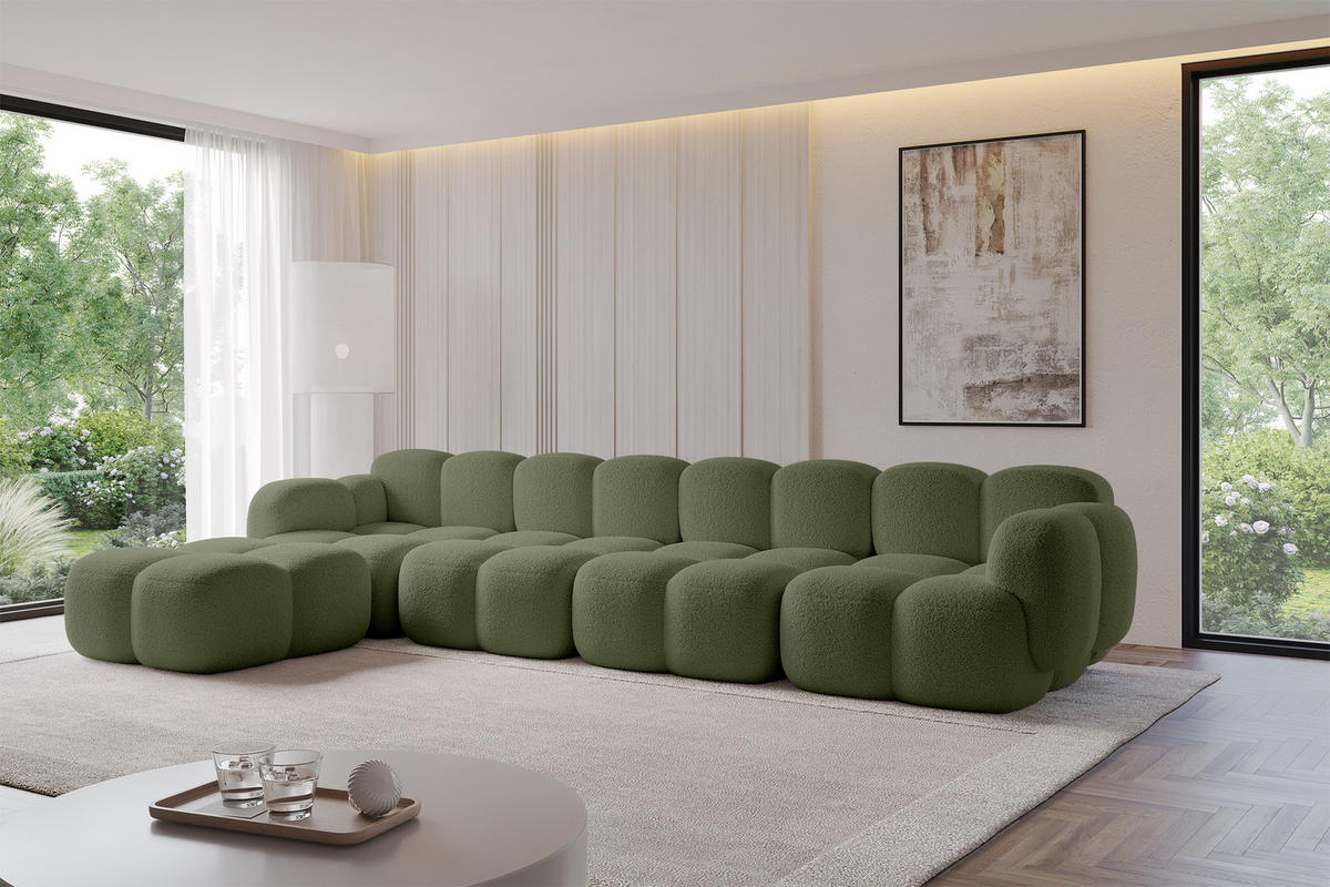 ECKSOFA modulares Sofa Links Miko-L3 390x205x75 Grün Bouclé - Smaragdgrün/Schwarz, Holzwerkstoff/Kunststoff (390/205cm) - ALTDECOR