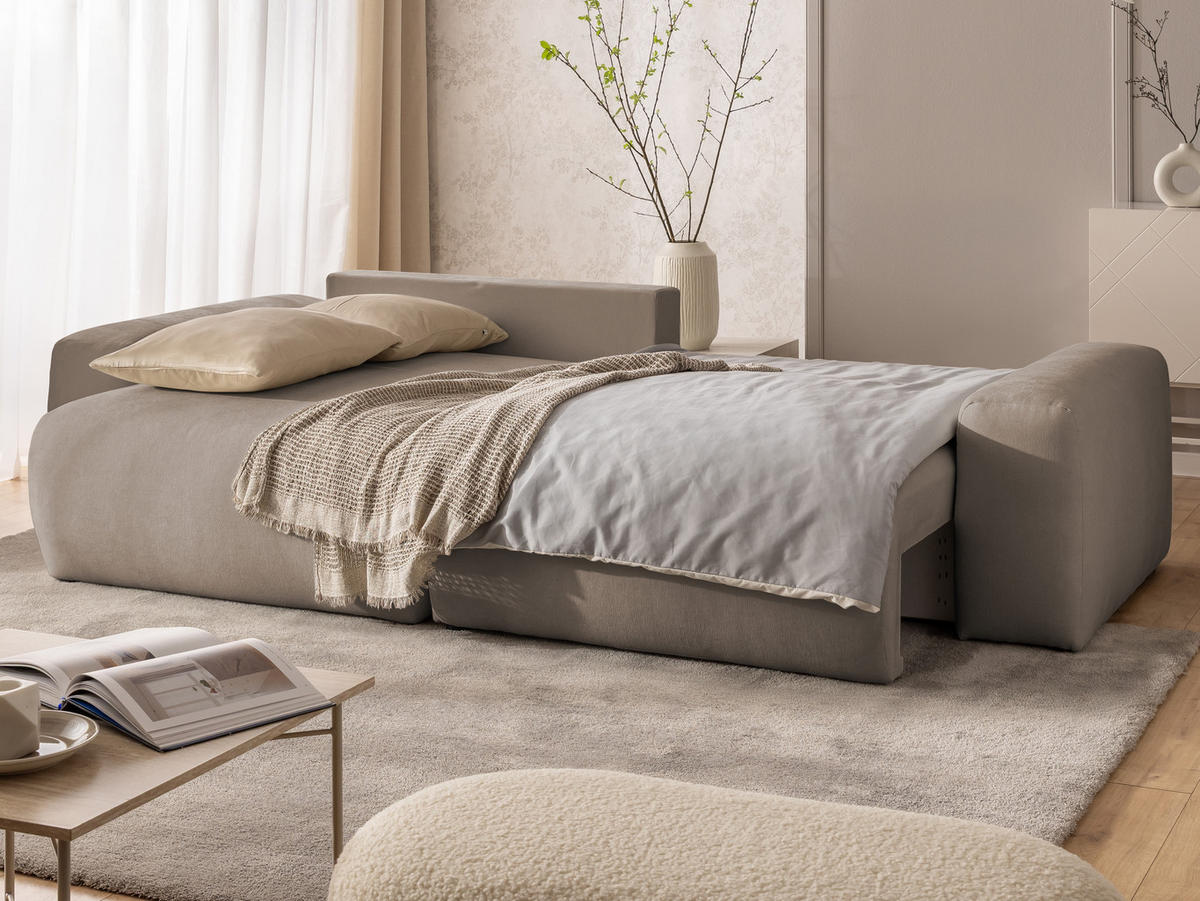 ECKSOFA Puffy mit Schlaffunktion und Bettkasten - besonders weich und puffig aus Greige Webstoff - Ottomane links - Greige/Schwarz, Holz/Kunststoff (138/266cm) - S-Style Möbel