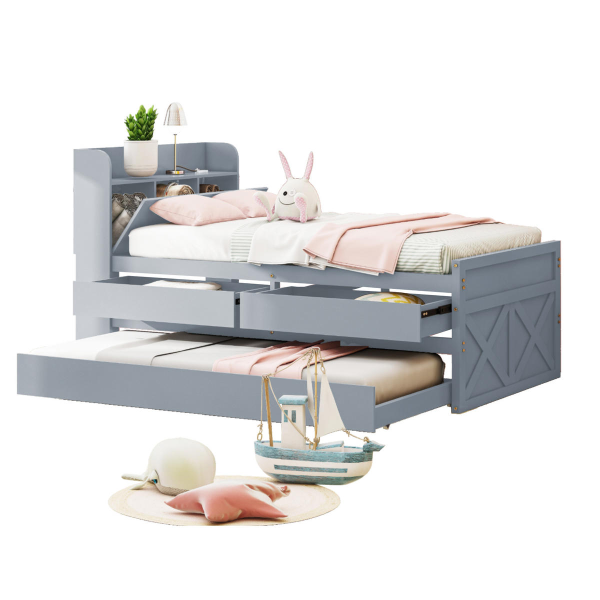 EINZELBETT 90/190 cm grau Multifunktionales Massivholzbett mit USB-Anschluss und ausziehbarem Bett - Grau, Holz (90/200cm) - OKWISH