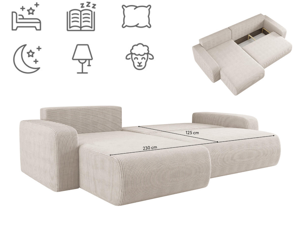 SCHLAFSOFA MILANO XL und bettkasten stoff Poso Dicker Cord Beige Links - Beige, Holz (274/82/145cm) - Kaiser Möbel