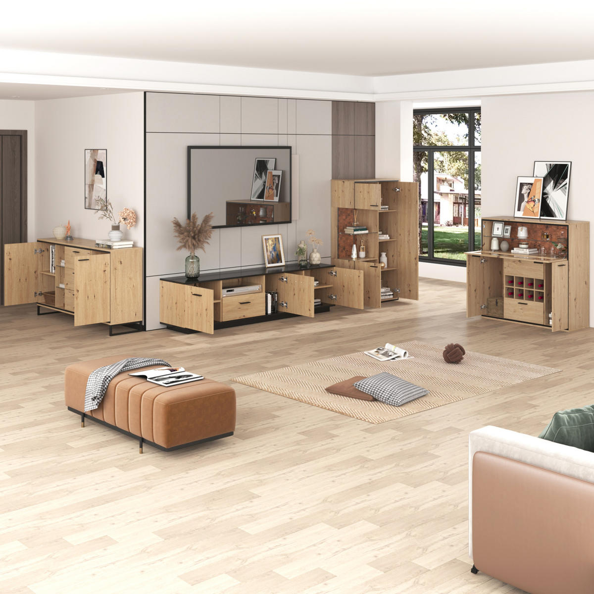 WEINSCHRANK 110x38x111 cm Holz, 2 Türen, Glasregal, Weinhalterung, LED-Beleuchtung - Naturfarben, Holz (110/111/38cm) - PARAFTA HOME