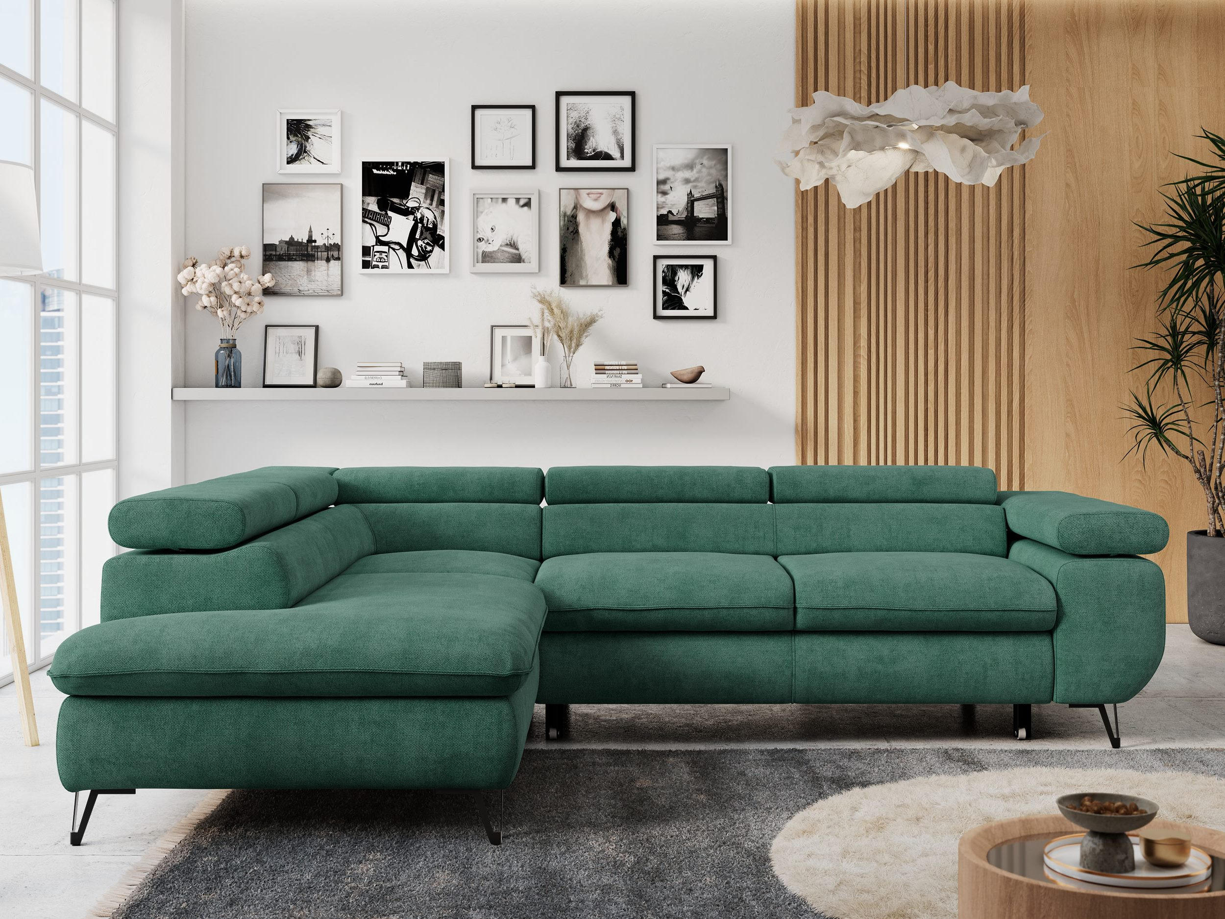 ECKSOFA PETER L Grün Struktur - Links Seite - Schwarz/Grün, Textil/Metall (208/273cm) - MKS