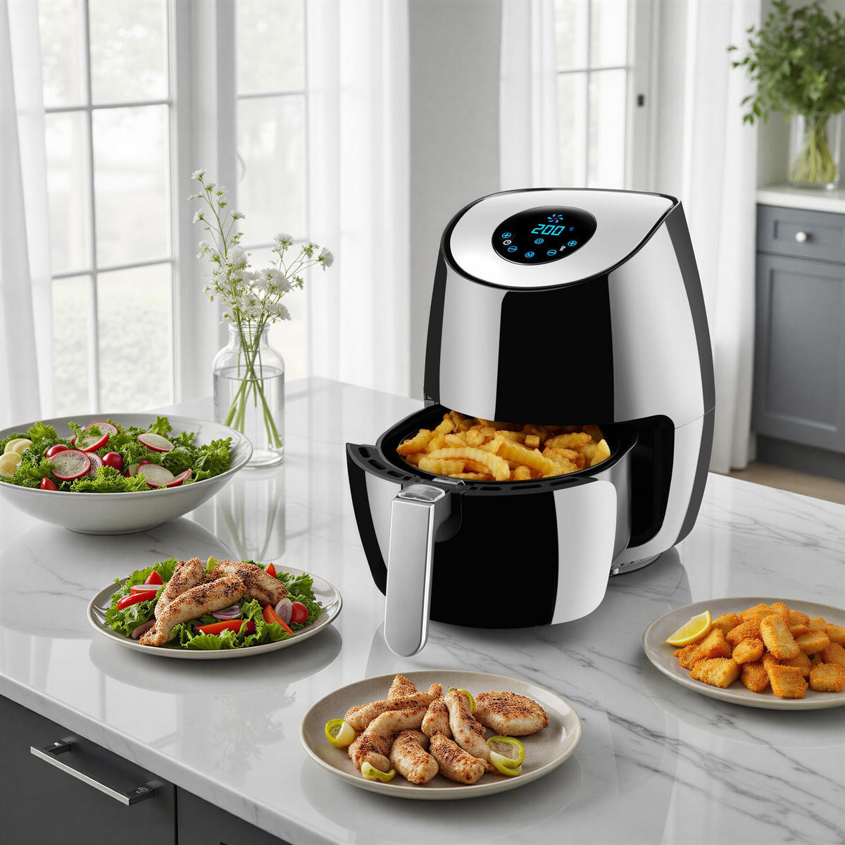 HEISSLUFTFRITTEUSE Mitch, inklusive Rezeptheft, schwarz - Schwarz, Metall (32/31.5/26cm) - tectake