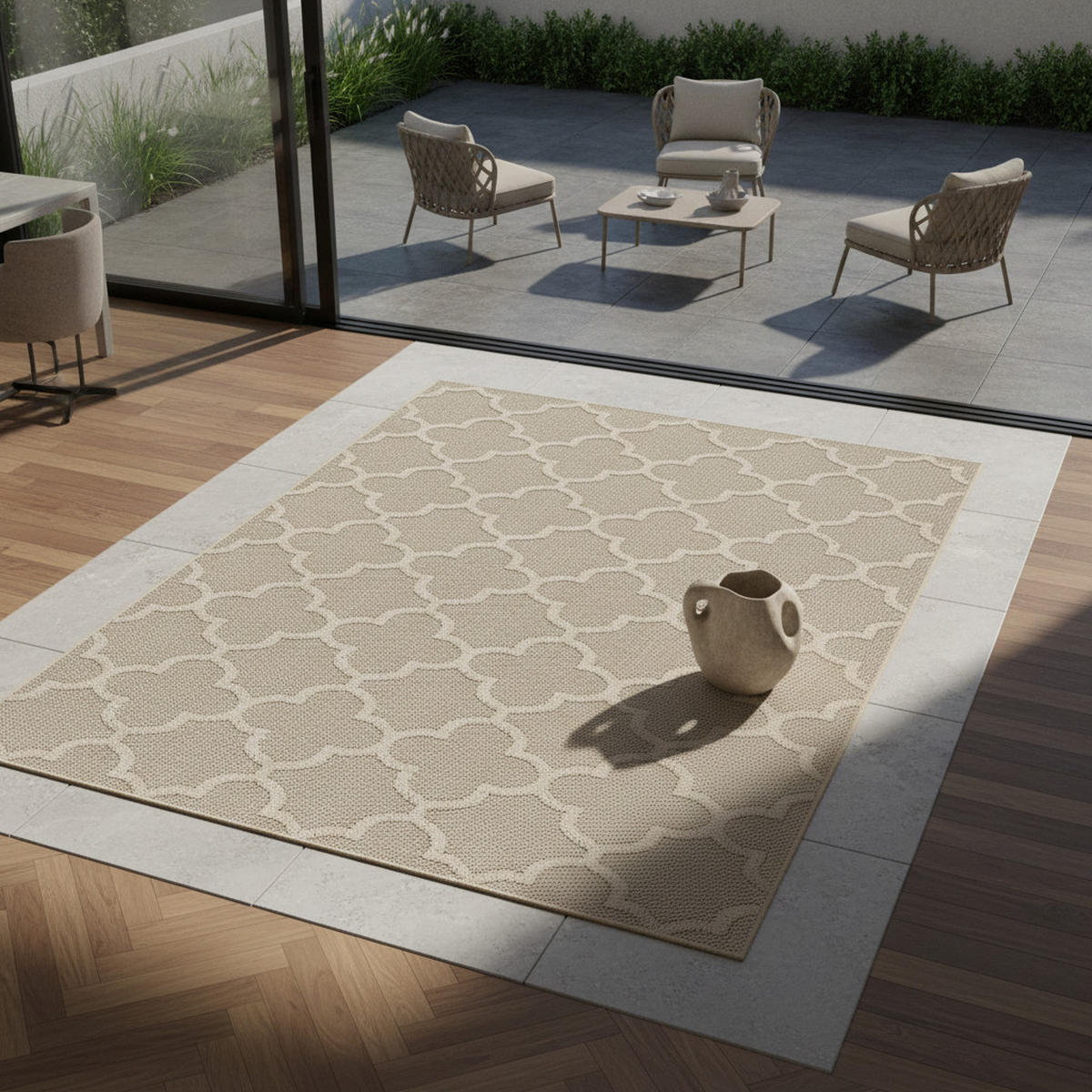 TEPPICH Outdoor Flachgewebe Skandi-Muster Polypropylen Balkon Beige Rechteckig 120x170 - Beige, Textil (120/170cm) - KADIMA DESIGN
