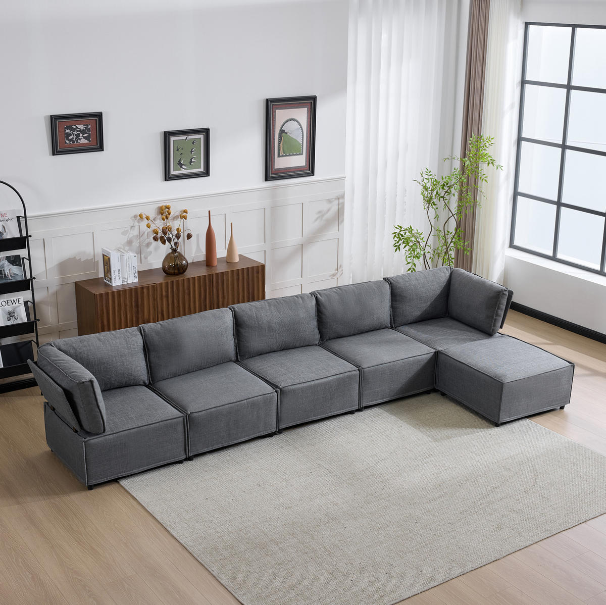 ECKSOFA 308/152/77 cm dunkelgrau aus Stoff und Sperrholz, zum Gästebett umbaubar - Dunkelgrau, Textil (152/308cm) - OKWISH