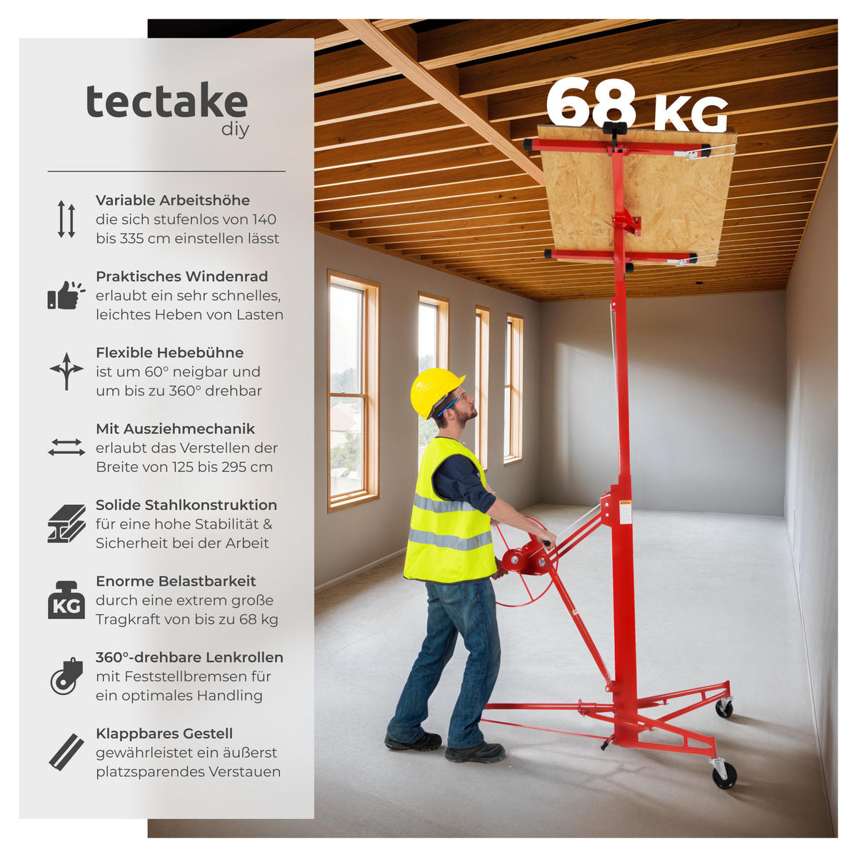 PLATTENHEBER ,breite Stativfüße mit 3 Lenkrollen inklusive Feststellbremsen,rot - Rot, Metall (153/140/185cm) - tectake