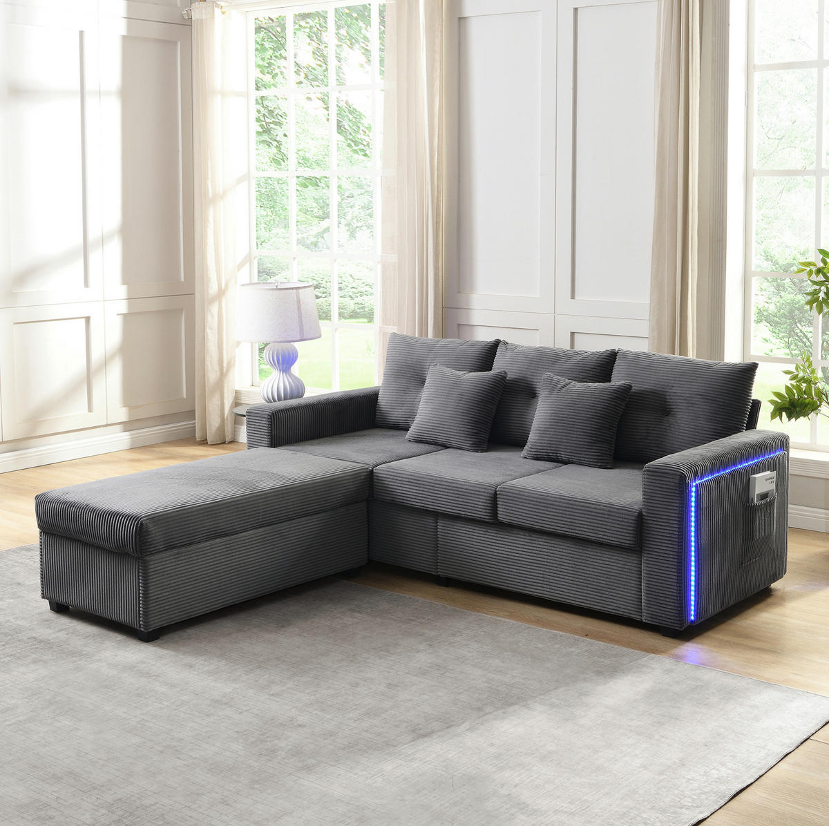 SOFA mit LED und Hocker L-Form Cord Antique Gray 5-Kissen-Set - Grau, Kunststoff (184/84.5cm) - IVMEU