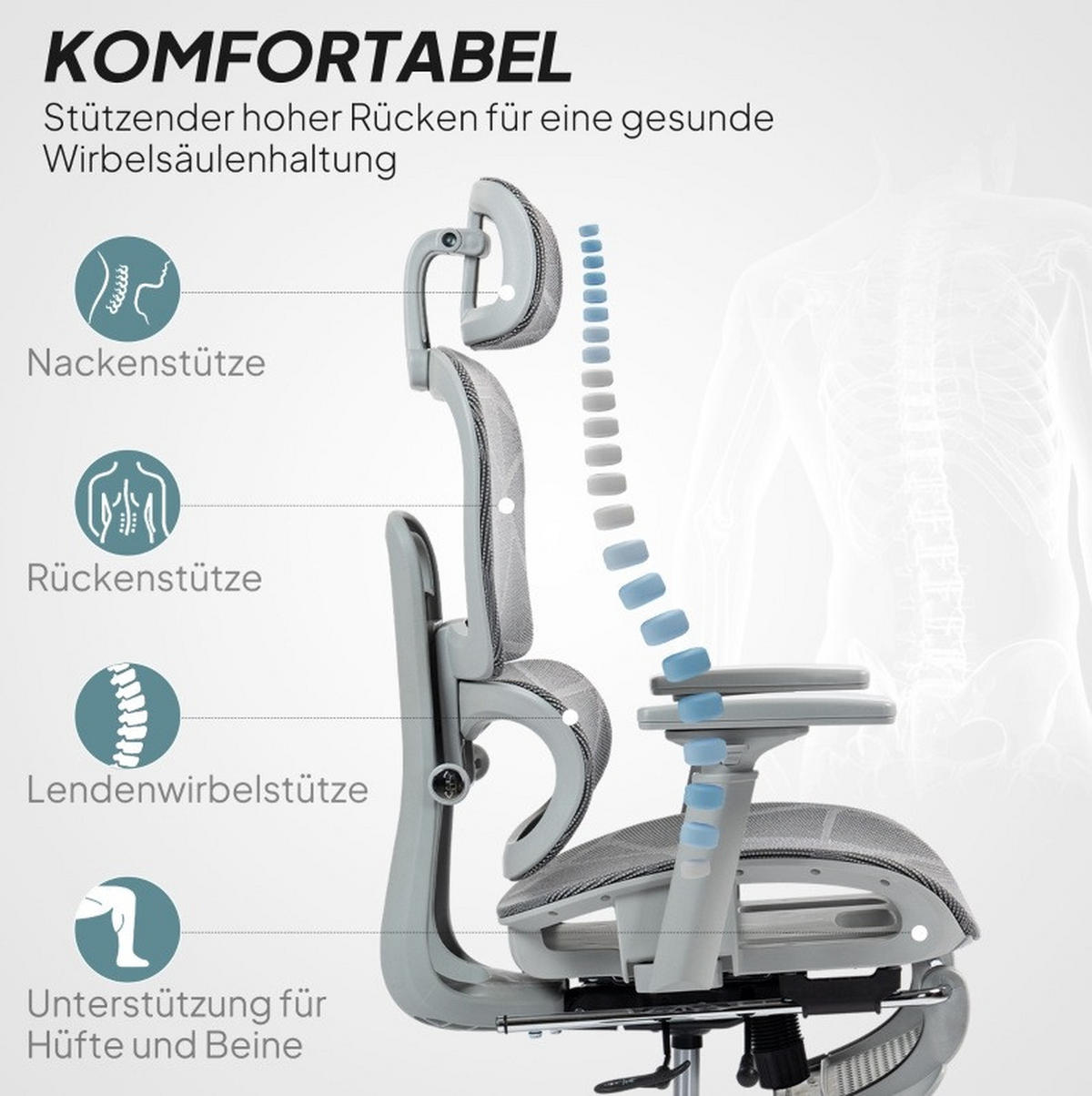 DREHSTUHL 66/64/114-122 cm, ergonomisch verstellbar, neigbar bis 135°, Grau - Grau, Kunststoff (64/122/66cm) - Redom