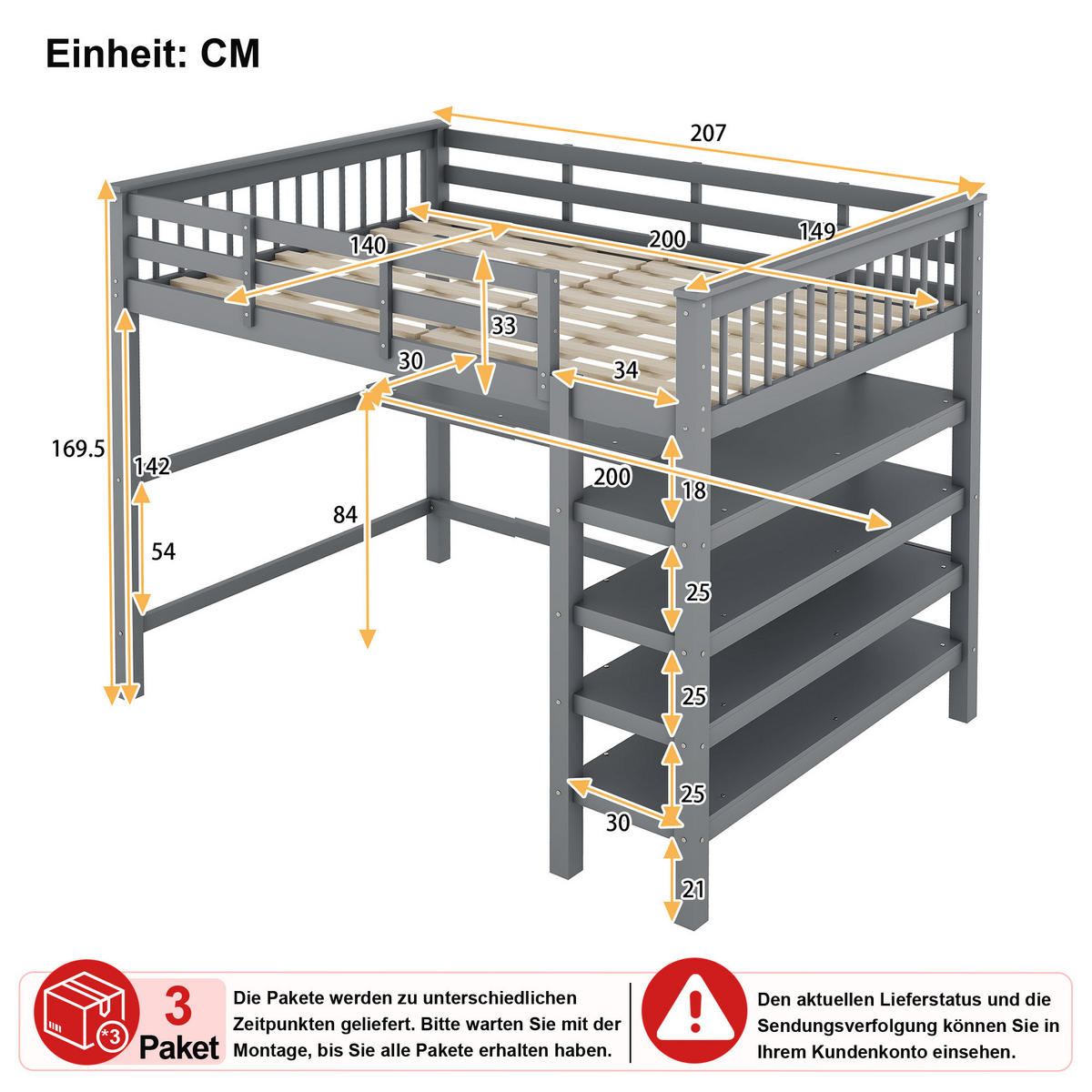 HOCHBETT 140/200 cm in Grau mit Schreibtisch und Regal - Grau, Holz/Holzwerkstoff (140/200cm) - CHICFURN