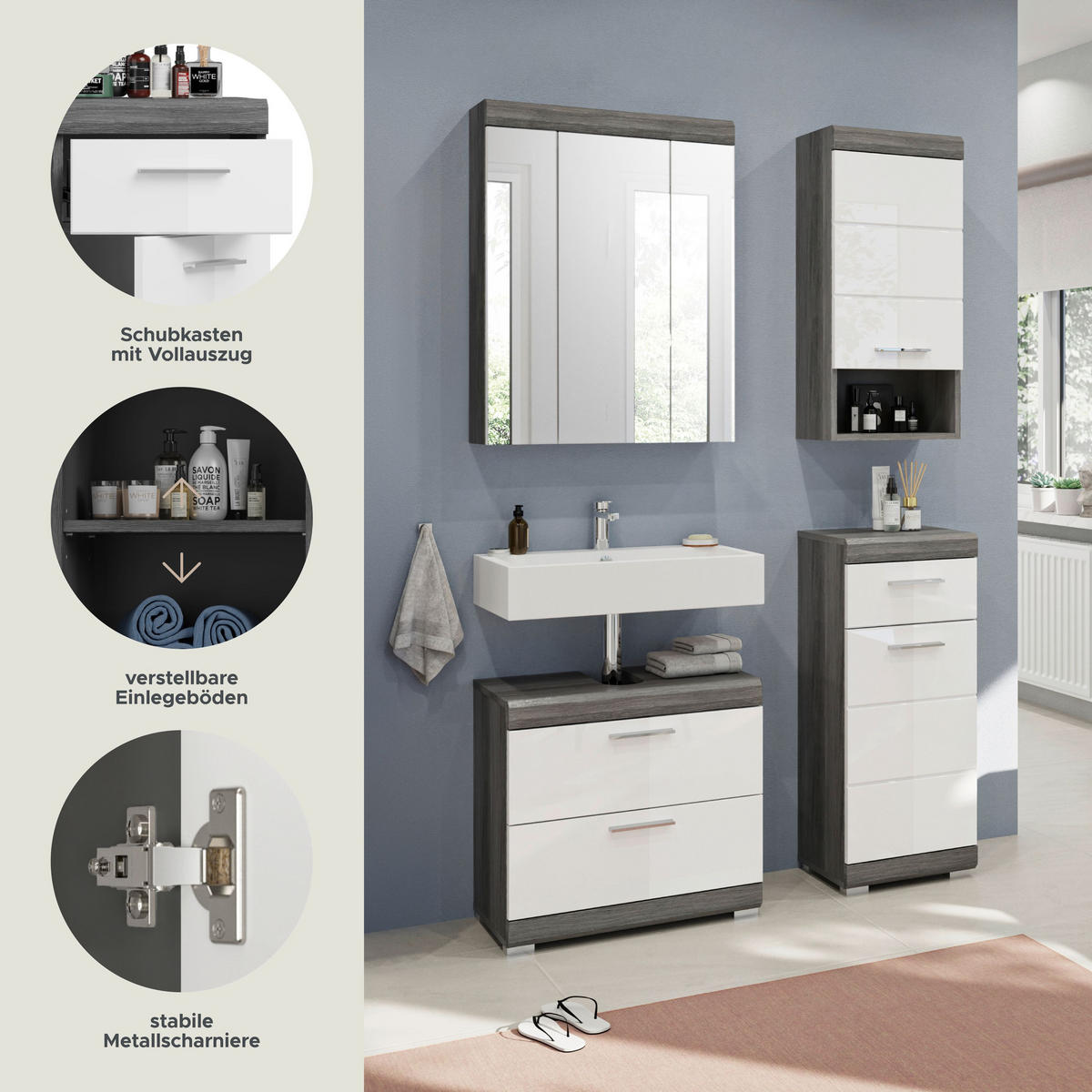 BADKOMBINATION 4tlg. Scout Bad in Rauchsilber Nachbildung und weiß hochglanz B/H/T: 112x191x34 cm - Anthrazit, Holz (112/191/37cm)
